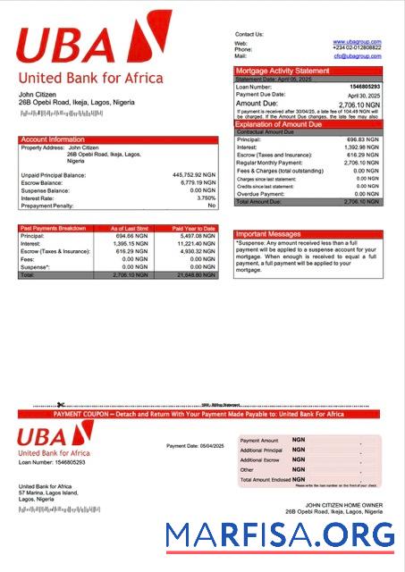 Downloadable Nigeria United Bank for Africa mortgage statement Word and PDF template